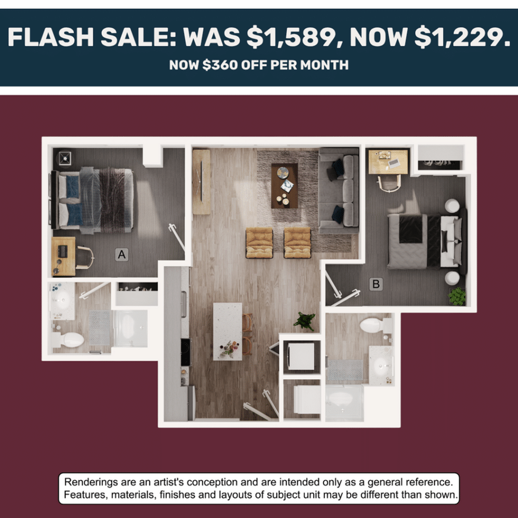 A 3D image of the 2BR/2BA – B4 floorplan, a 718 squarefoot, 2 bed / 2 bath unit