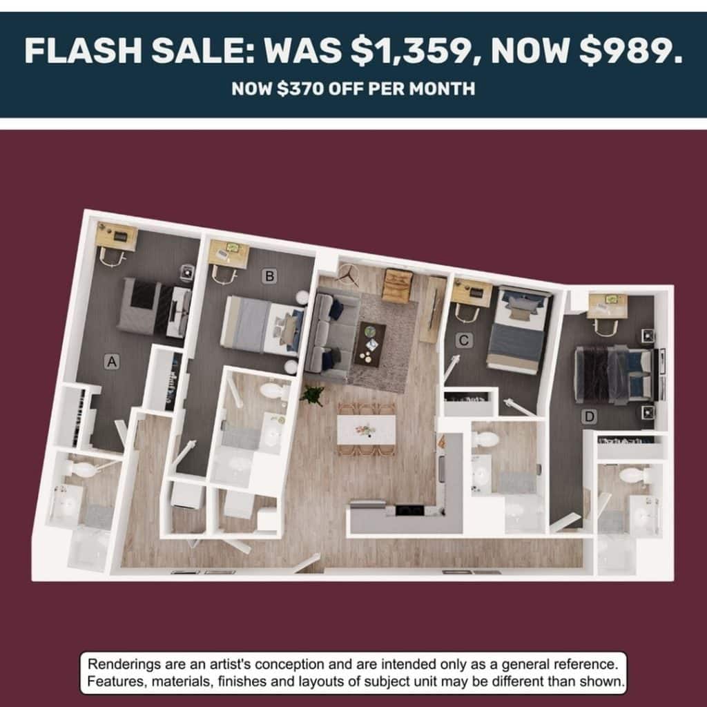 A 3D image of the 4BR/4BA – D3 floorplan, a 1399 squarefoot, 4 bed / 4 bath unit