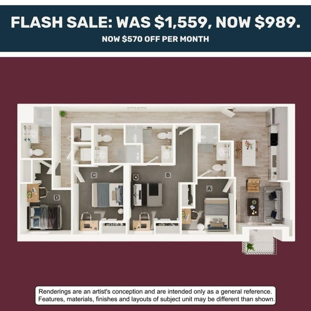 A 3D image of the 4BR/4BA – D5 floorplan, a 1226 squarefoot, 4 bed / 4 bath unit