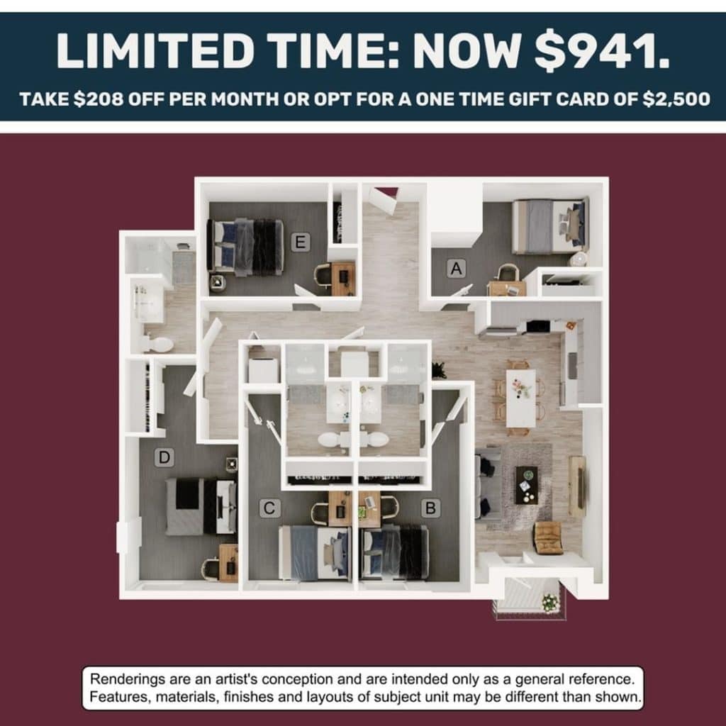 A 3D image of the 5BR/3BA – E1 floorplan, a 1347 squarefoot, 5 bed / 3 bath unit