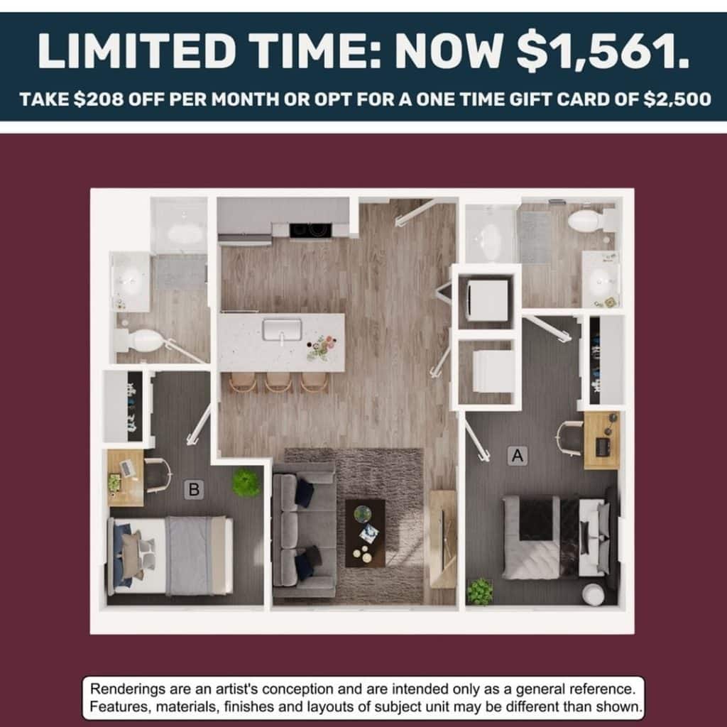 A 3D image of the 2BR/2BA – B6 floorplan, a 739 squarefoot, 2 bed / 2 bath unit