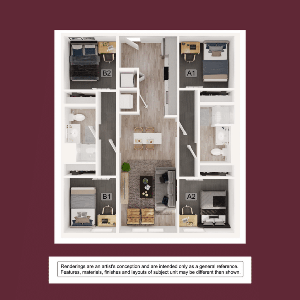 A 3D image of the 2BR/2BA – B1 floorplan, a 1035 squarefoot, 2 bed / 2 bath unit