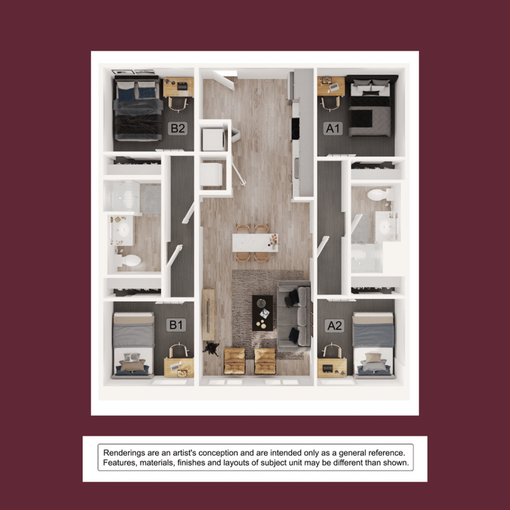 A 3D image of the 2BR/2BA – B2 floorplan, a 1108 squarefoot, 2 bed / 2 bath unit