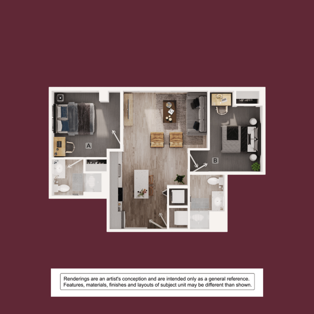 A 3D image of the 2BR/2BA – B4 floorplan, a 718 squarefoot, 2 bed / 2 bath unit