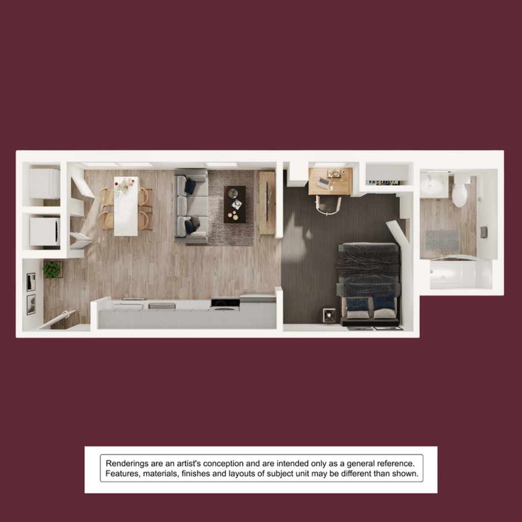 A 3D image of the 1BR/1BA – Jr floorplan, a 398 squarefoot, 0 bed / 1 bath unit