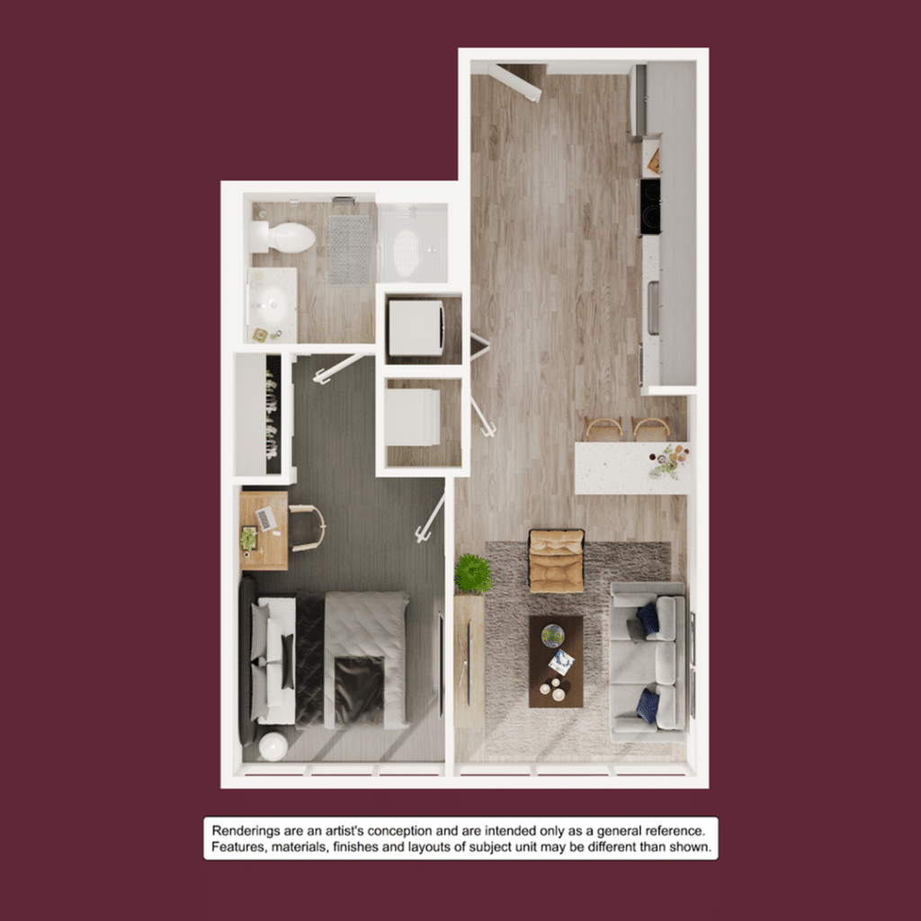 A 3D image of the 1BR/1BA – A4 floorplan, a 562 squarefoot, 1 bed / 1 bath unit