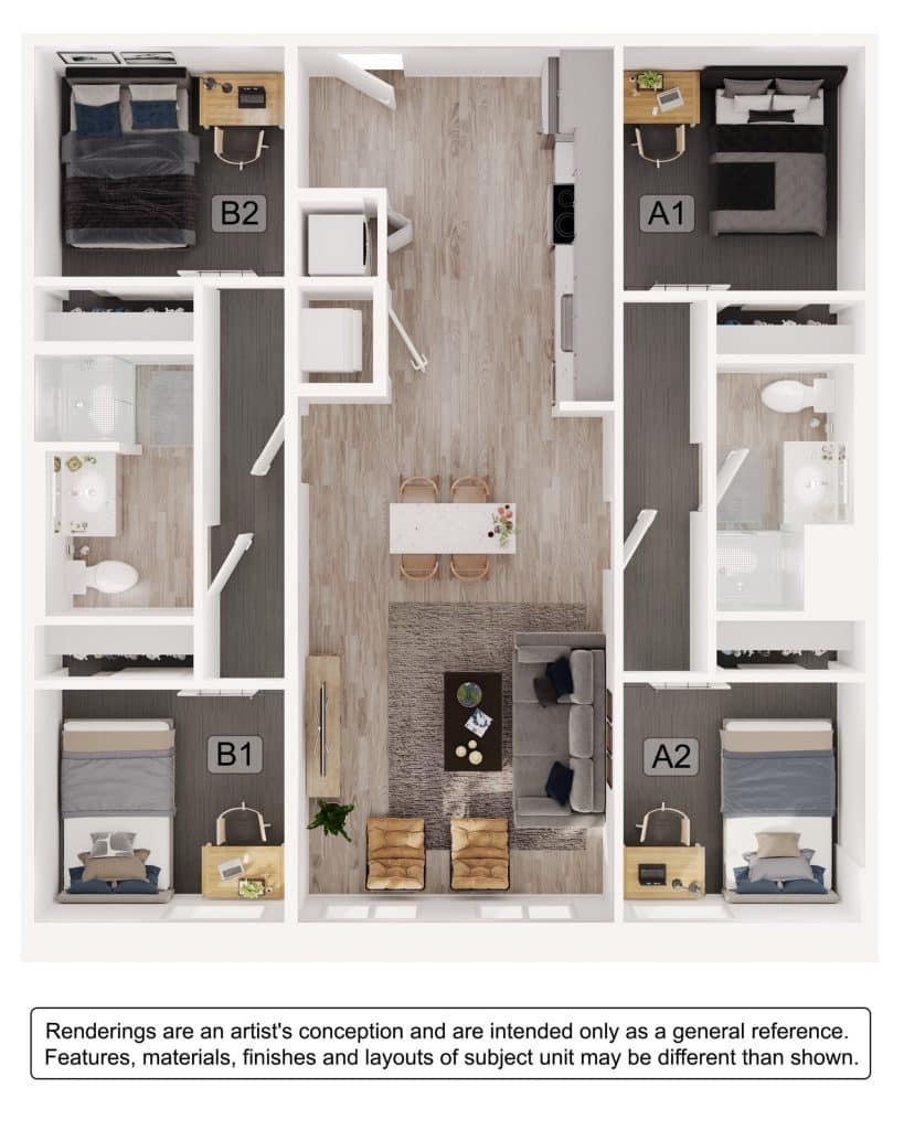 A 3D image of the 2BR/2BA – B1 floorplan, a 1035 squarefoot, 2 bed / 2 bath unit