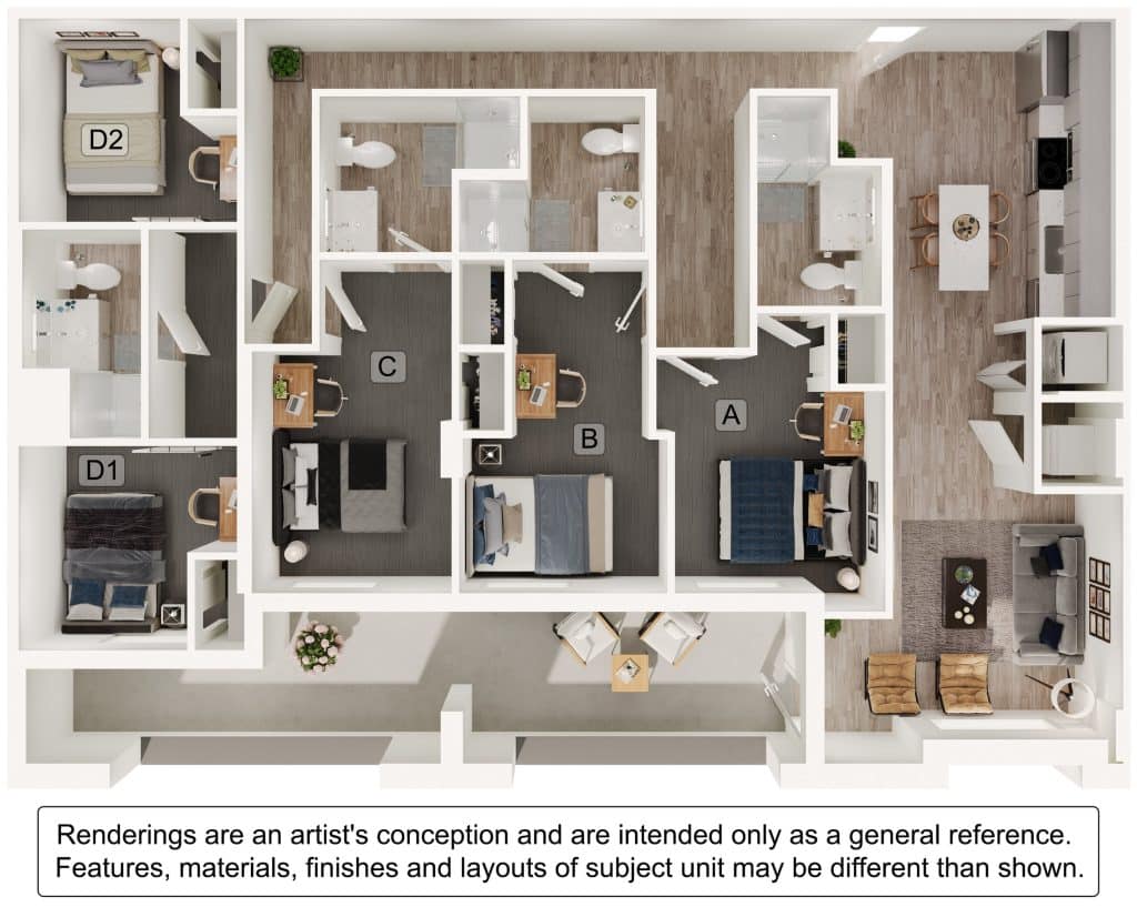 A 3D image of the 4BR/4BA – D6 floorplan, a 1476 squarefoot, 4 bed / 4 bath unit